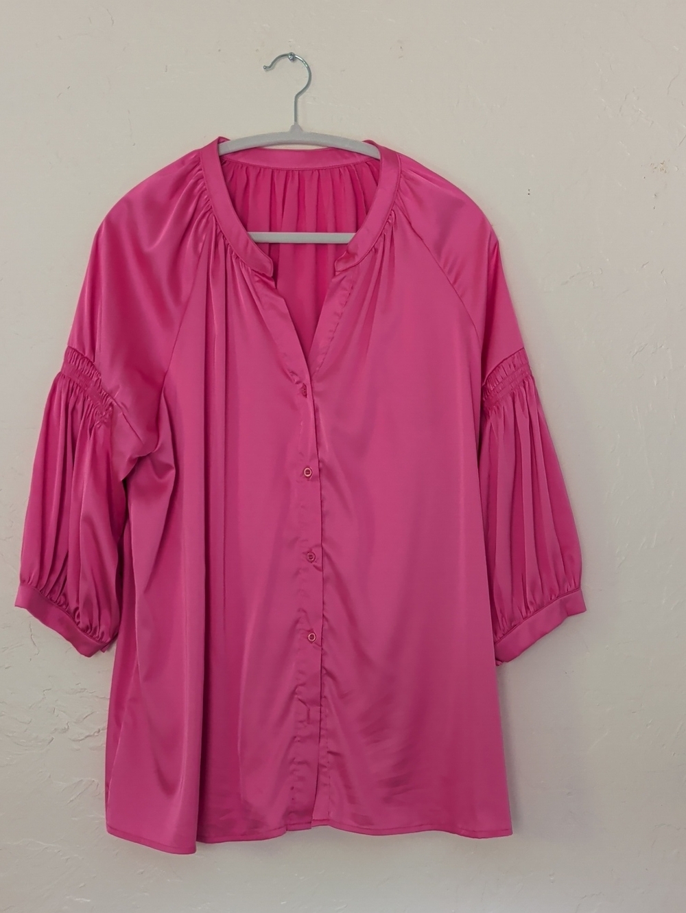 Women’s Pink Button-Front Blouse - Elegant Gathered Sleeves